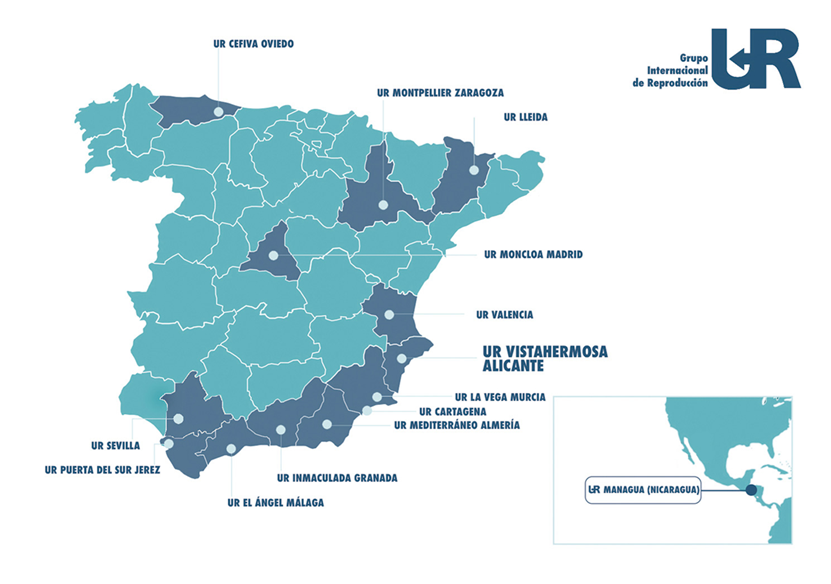 Mapa de las unidades del Grupo Internacional UR, incluida UR Managua en Nicaragua